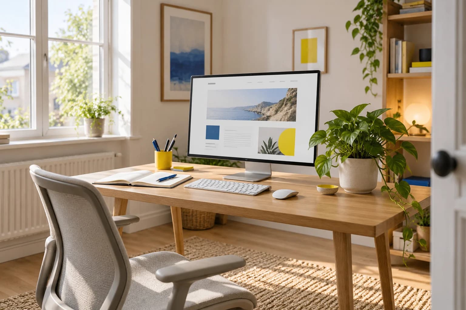 Illustration d’un bureau lumineux en bois clair, avec un ordinateur, un carnet, une plante et des touches de bleu et de jaune.