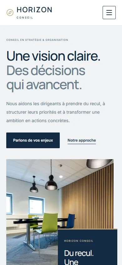 Aperçu mobile du même site Horizon Conseil