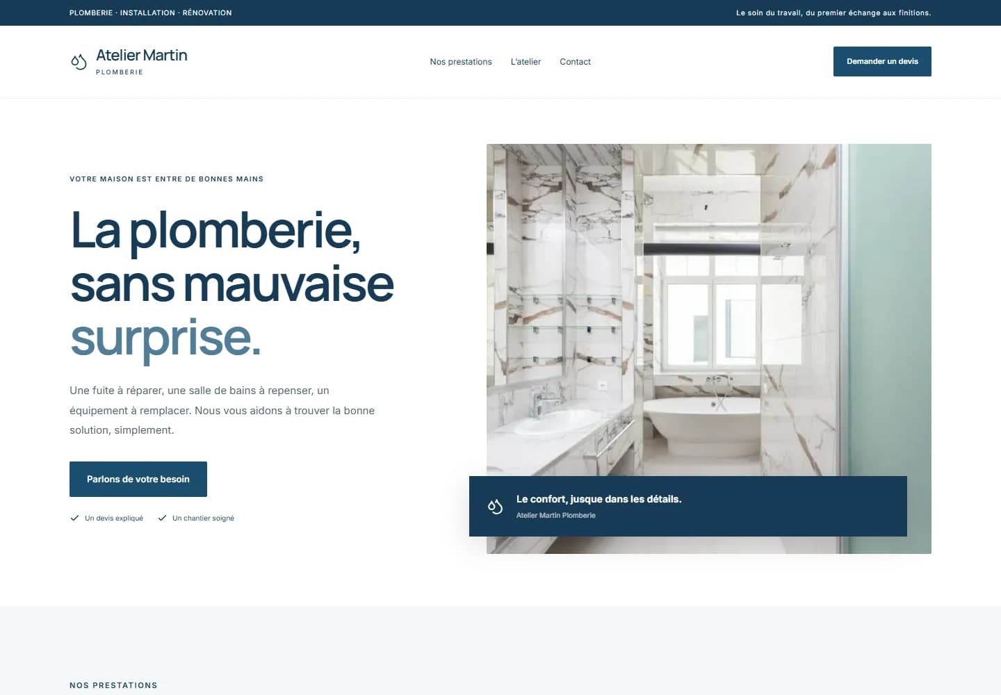 Capture du véritable site de démonstration Atelier Martin Plomberie
